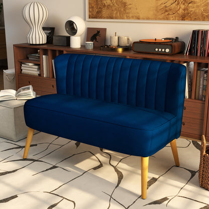 2-zits bank – tweezitsbank – loveseat – compacte bank – sofa – retro design – massief houten poten – dieppaarsblauwe stof