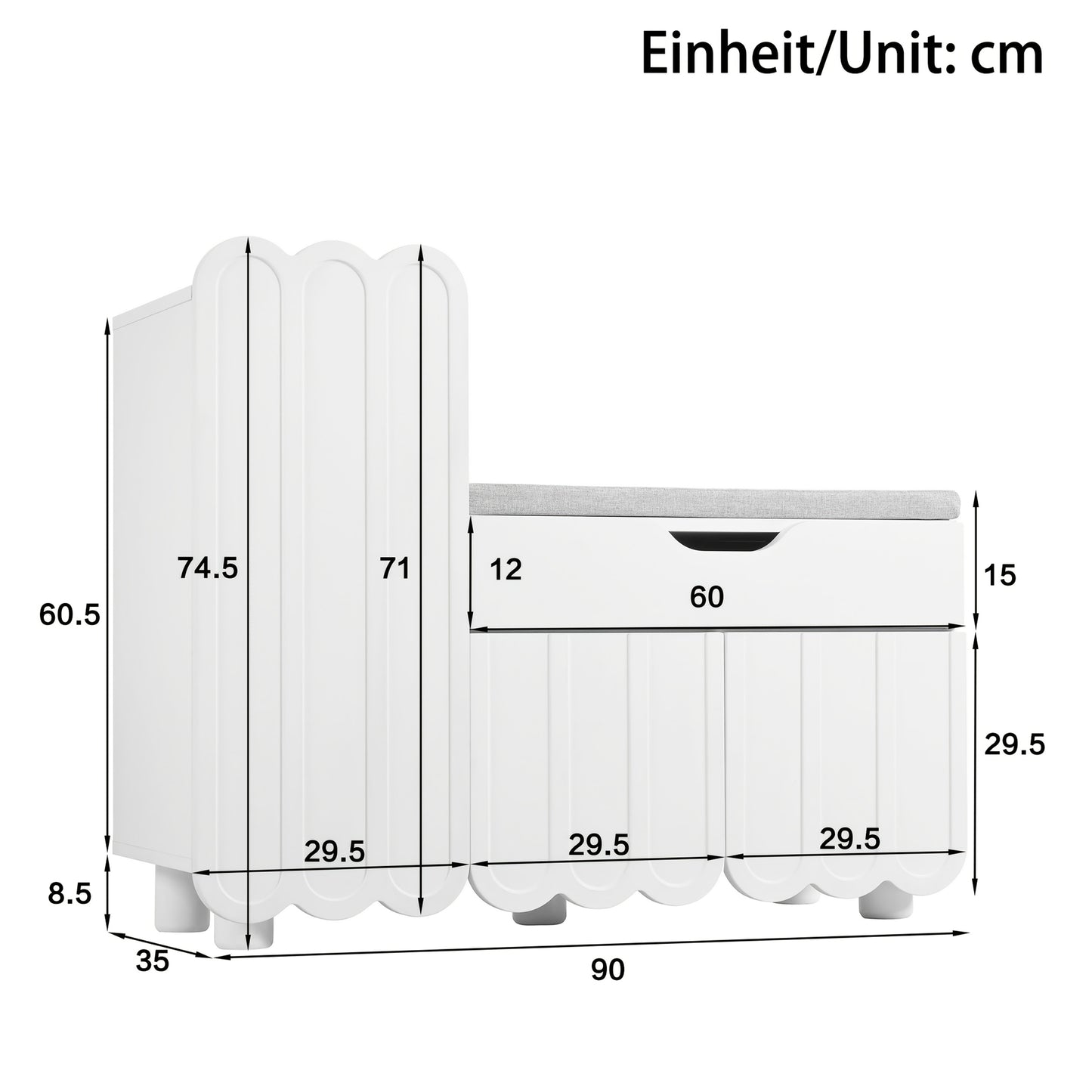 Schoenenkast – Schoenmeubel – Schoenrack – Schoenopberger – Schoenbank – Modern Wit – 3-Deurs – Zitbank – 3,2+ Kubieke Voet Opbergruimte – Duurzaam Niet-Houten Materiaal
