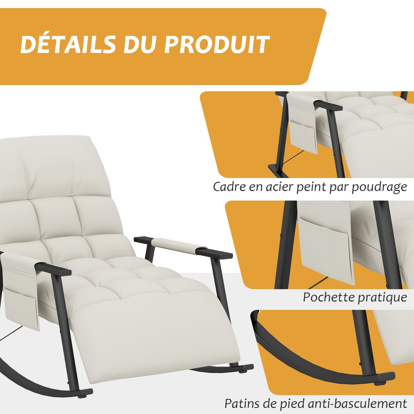 Schommelstoel – Relaxstoel – Voedingsstoel – Zitzakstoel – Lounge Stoel – Verstelbare Rugleuning – Verstelbare Voetsteun – Zacht Microfiber – Stalen Frame – Crèmekleur