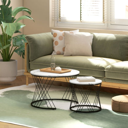 Koffietafel Set – Bijzettafel – Salontafel – Nestbare Tafels – Witte Zwarte Marmerlook – Ruimtebesparend Design – Stevig Metaal & Lichtgewicht Spaanplaat