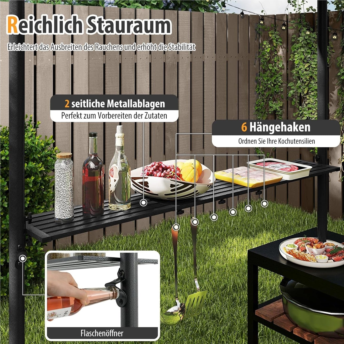 Grillpaviljoen – Barbecueoverkapping – Tuinpaviljoen – BBQ Shelter – Terrasoverkapping – Dubbel Polyester Dak – Met Zijplanken en Haken – Weerbestendig – 242 x 150 cm – Grijs