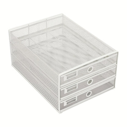 CNCEST Heavy-Duty Carbon Steel Desk Organizer with 3-Tier Mesh Drawers - No Assembly Needed, Large Open Top, Sturdy Construction for Home Office, Workspace - Ideal Gift for Professionals (White), Desk Accessories Office, Docu