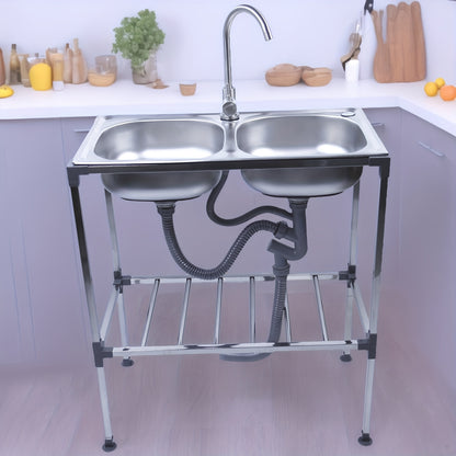 SIZE:75x40x83cm Freestanding Sink, 2 Basins, Bathroom Basin, Lavatory Sink With Hot And Cold Water Taps, Suitable For Kitchen, Outdoors, Camping, Garden, Garage