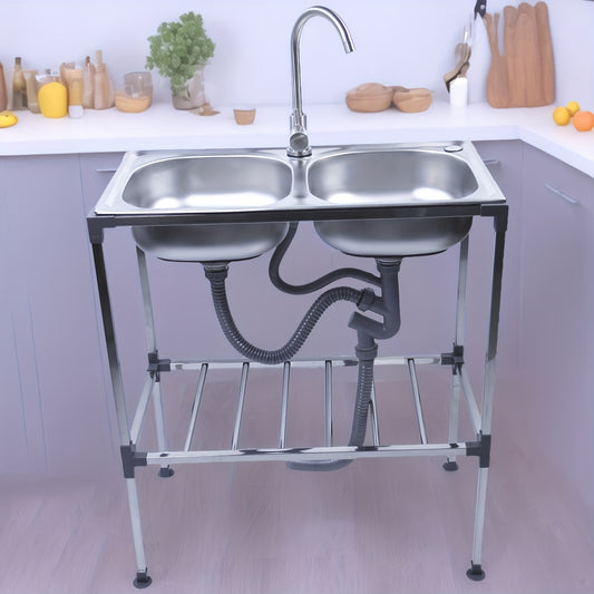 SIZE:75x40x83cm Freestanding Sink, 2 Basins, Bathroom Basin, Lavatory Sink With Hot And Cold Water Taps, Suitable For Kitchen, Outdoors, Camping, Garden, Garage