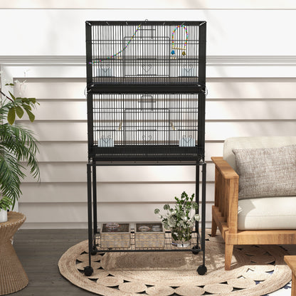 Dubbele Vogelkooi – Vogelkooi Met Standaard – Vogelkooi Groot – Parkietenkooi – Kanariekooi – Zwart Staal – Twee Lagen – Uitneembare Bodemlade