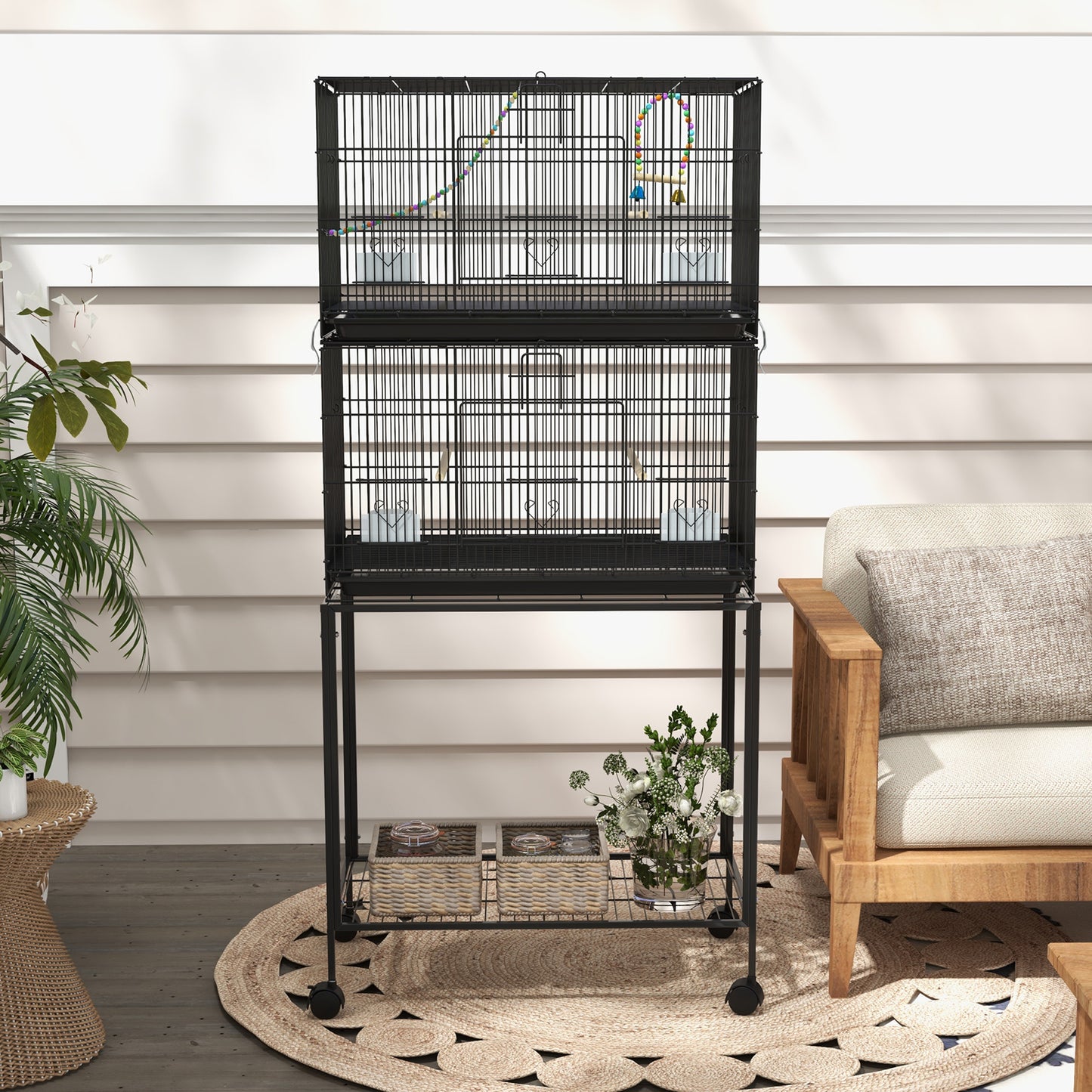 Vogelkooi – Vogelverblijf – Vogelhuis – Vogelkast – Vogelren – Dubbele Kooi Met Standaard – Verwijderbare Bak – Robuust Stalen Frame – Wieltjes Met Remmen – 77L x 46W x 164H cm – Zwarte Kleur
