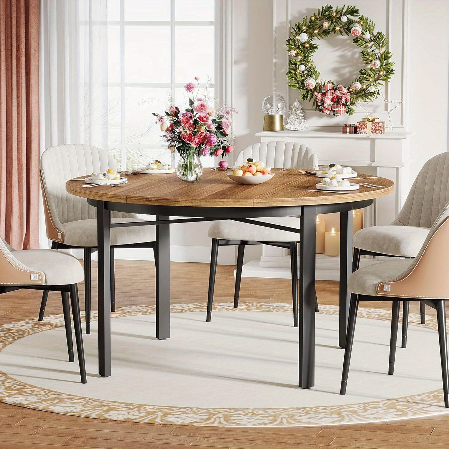 Ronde Eettafel – Ronde Keukentafel – Dining Table Rond – Cirkel Tafel – Ronde Tafel Bruin – 120 cm Diameter – Massief Houten Blad Met Zwarte Metalen Poten