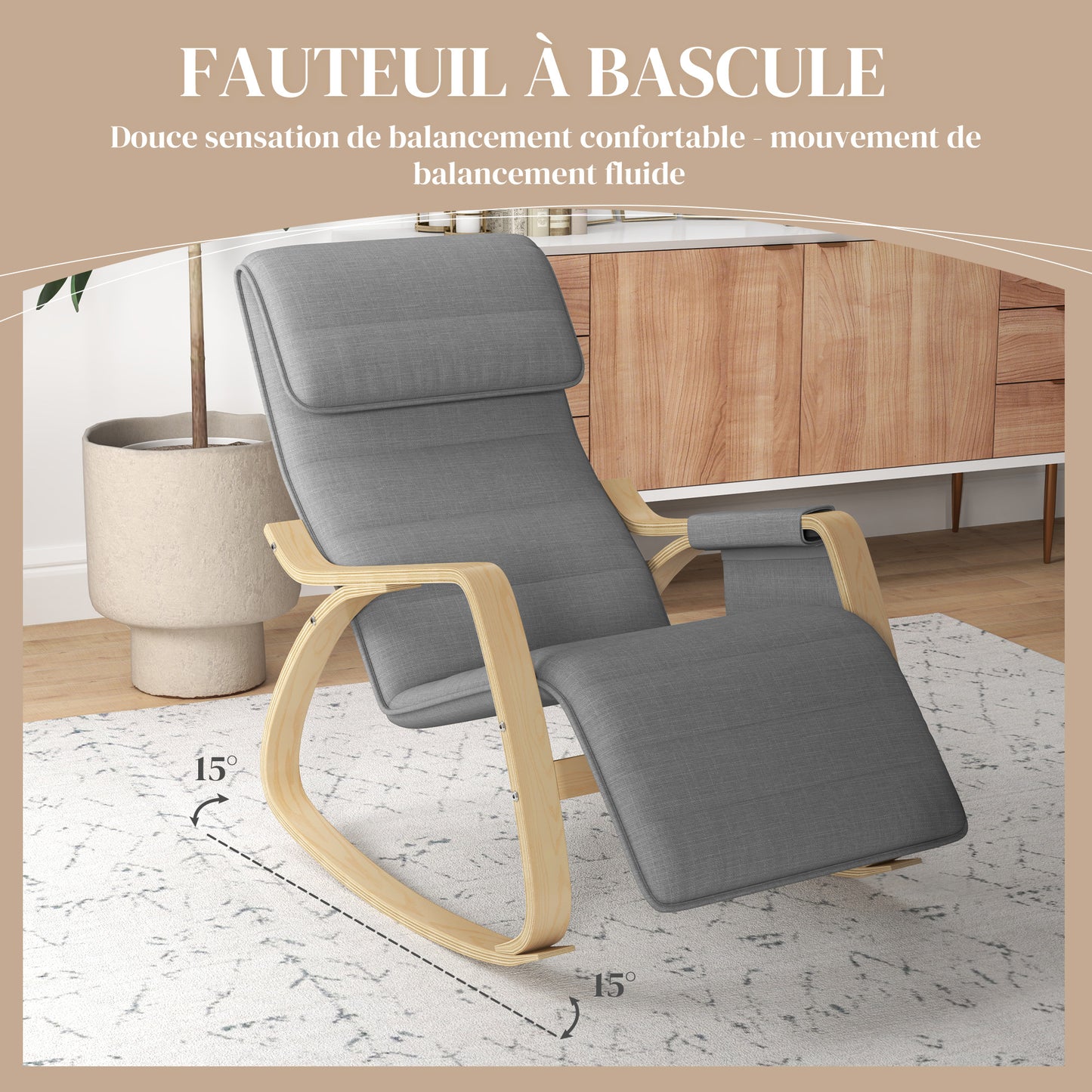 Schommelstoel – Relaxstoel – Fauteuil – Voedingsstoel – Schommelstoel Babykamer – Verstelbare Voetsteun – Stevig Houten Frame – Grijs