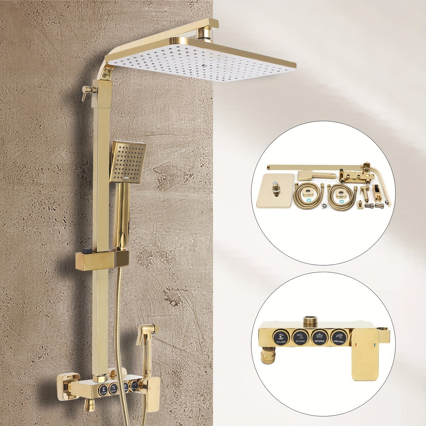 Douche Systeem – Douche Set – Regendouche – Handdouche – Wastafelkraan – Gouden Afwerking – Massief Messing – Verstelbare Handdoucherail 80-120 cm