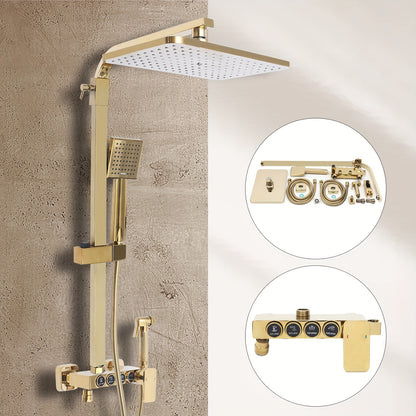 Douche Systeem – Douche Set – Regendouche – Handdouche – Wastafelkraan – Gouden Afwerking – Massief Messing – Verstelbare Handdoucherail 80-120 cm
