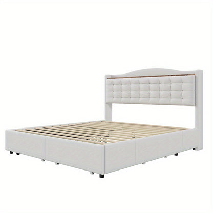 Tweepersoonsbed – Gestoffeerd Bed – Opbergbed – Slaapbed – Bedframe – 140x200 cm – Linnen Bekleding Beige – Inclusief Nachtkastje Met Laadfunctie