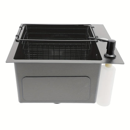 Enkele Spoelbak – Keukenspoelbak – Wastafel – Inbouwspoelbak – Zwarte Spoelbak – Roestvrij Staal 201 – Nano-Coating & X-vormige Waterafvoer – Ingebouwde Zeepdispenser 150ml