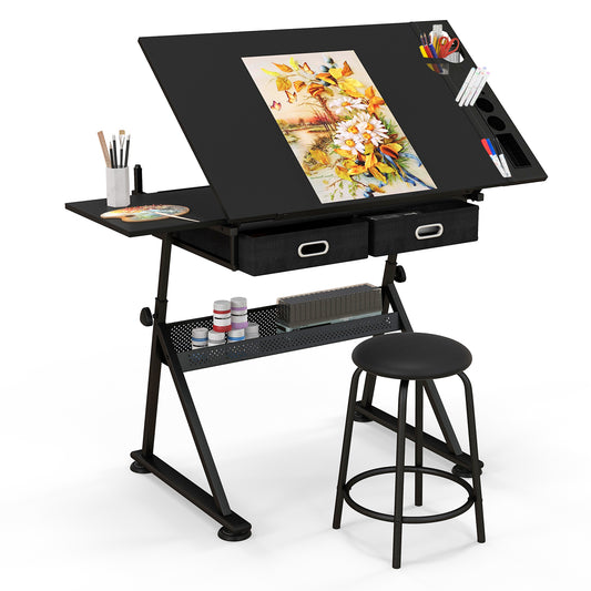 Tekentafel – Tekenbord – Tekentafel Met Kruk – Tekentafel Verstelbaar – Bureau – Verstelbare Hoogte 73,5-98 cm – Kantelbaar Tafelblad 0-60°