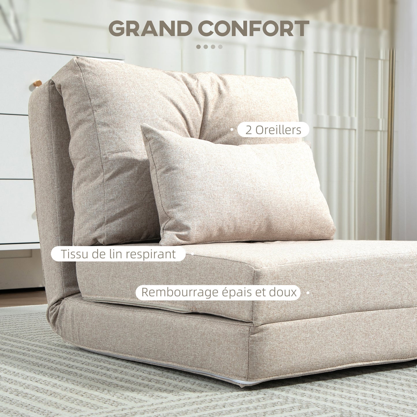 Zitzak – Fauteuil – Stoel – Loungebank – Relaxstoel – Verstelbare Rugleuning – Linnen Beige – Met Kussen – Opvouwbaar – Max 90 kg