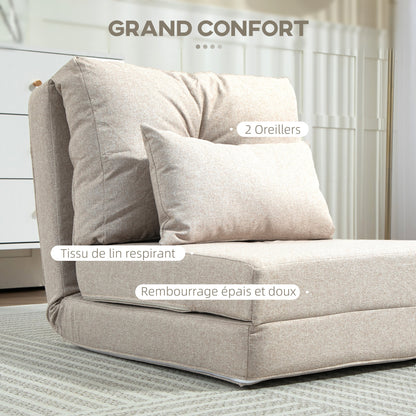 Zitzak – Fauteuil – Stoel – Loungebank – Relaxstoel – Verstelbare Rugleuning – Linnen Beige – Met Kussen – Opvouwbaar – Max 90 kg