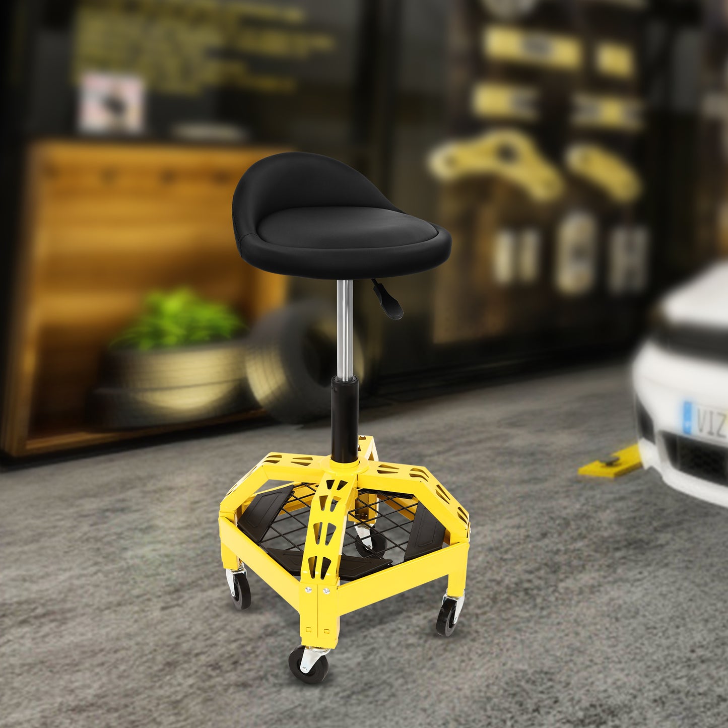 Autokrukje – Werkkruk – Mechaniekkruk – Carrepair Kruk – Verstelbaar Krukje – Metalen Constructie – 130 kg Draagkracht – 360° Draaibaar – Met Wieltjes