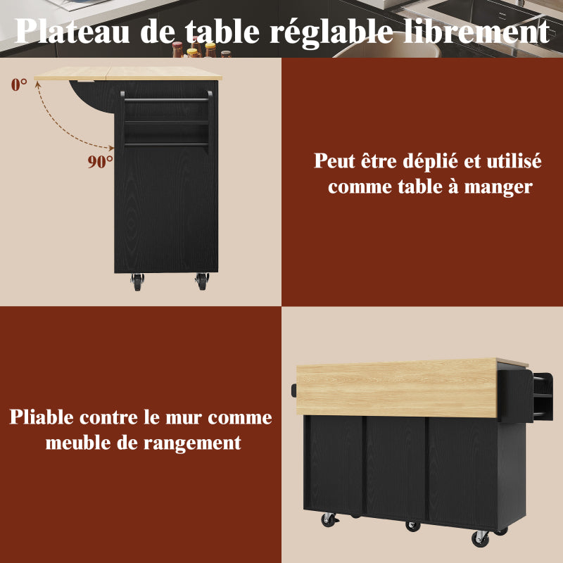 Modern Kitchen Island, Kitchen Cabinet, Buffet Cabinet, Dining Cart with Wood Veneer, Multifunctional Dining Table with Storage Space, Dining Cart with Snack Shelves And Stretch Function Cabinets, Black.