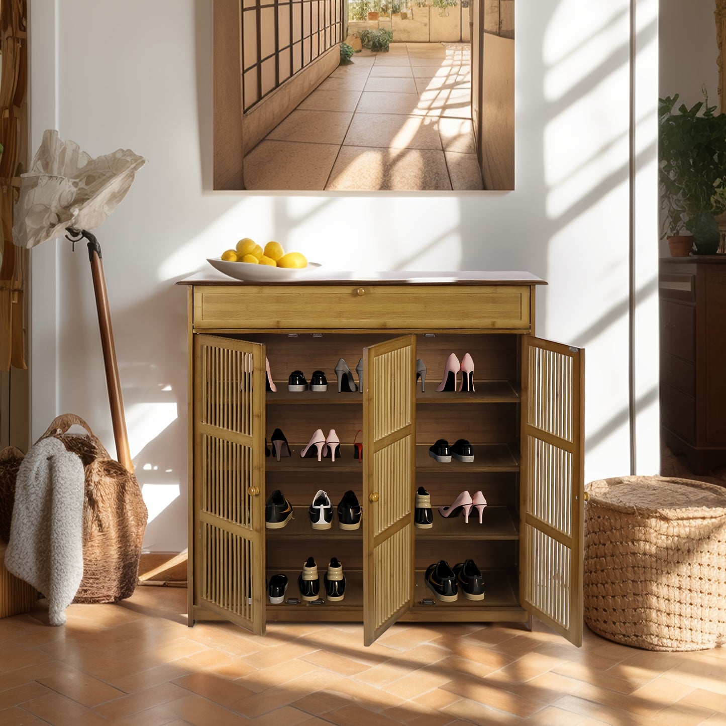 Schoenenkastje – Schoenenrek – Schoenenopberger – Schoenentoren – Schoenenkast – Natuurlijk Bamboe Design – 4 Planken Met Lade – Compact 93x32x98 cm