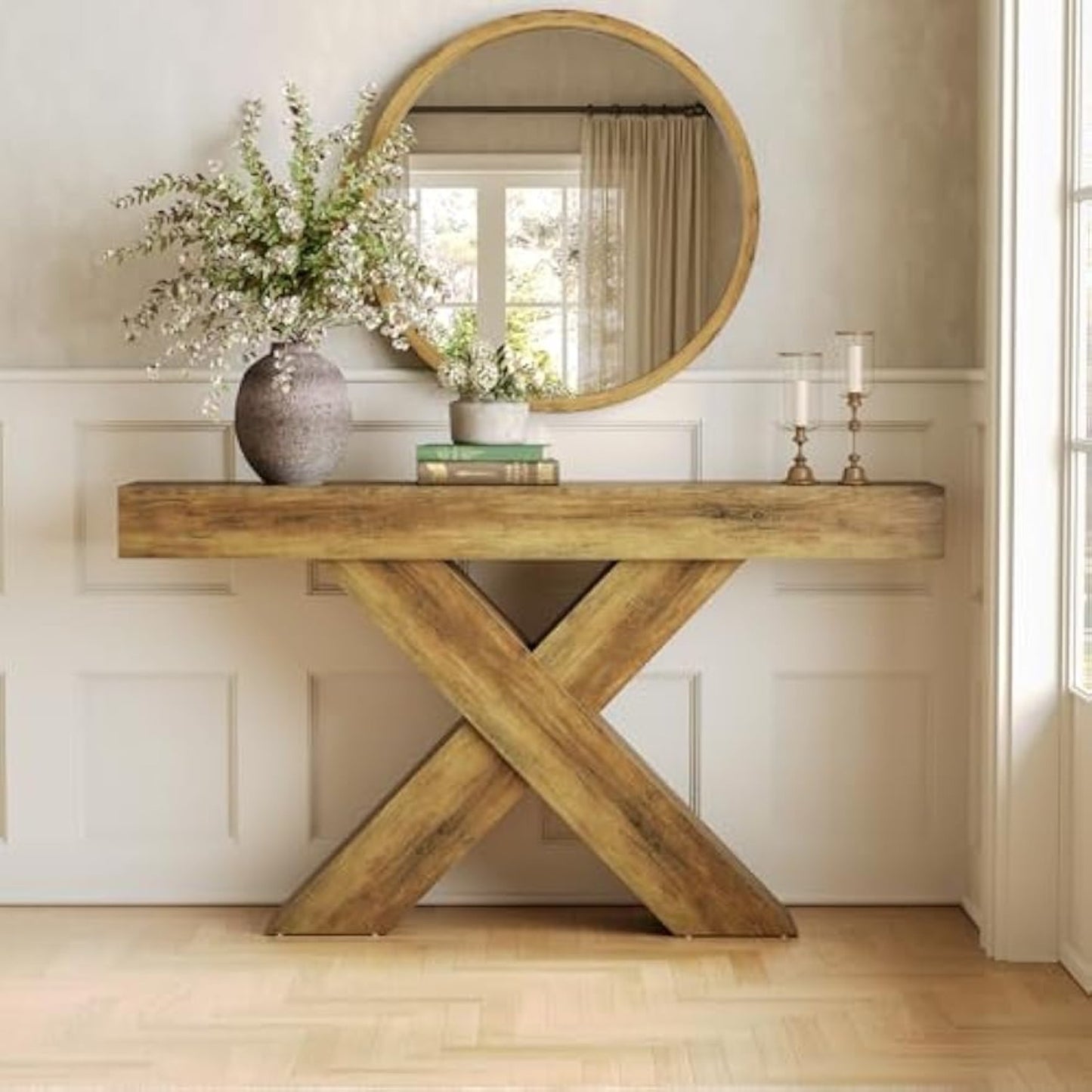 55-Inch Industrial Rustic Console Table - X-Shaped Narrow Entryway Table with Engineered Wood Top, Freestanding Sofa Table for Living Room, Foyer, Hallway - Easy Assembly, No Power Needed, Rustic Brown Finish, Console Table f