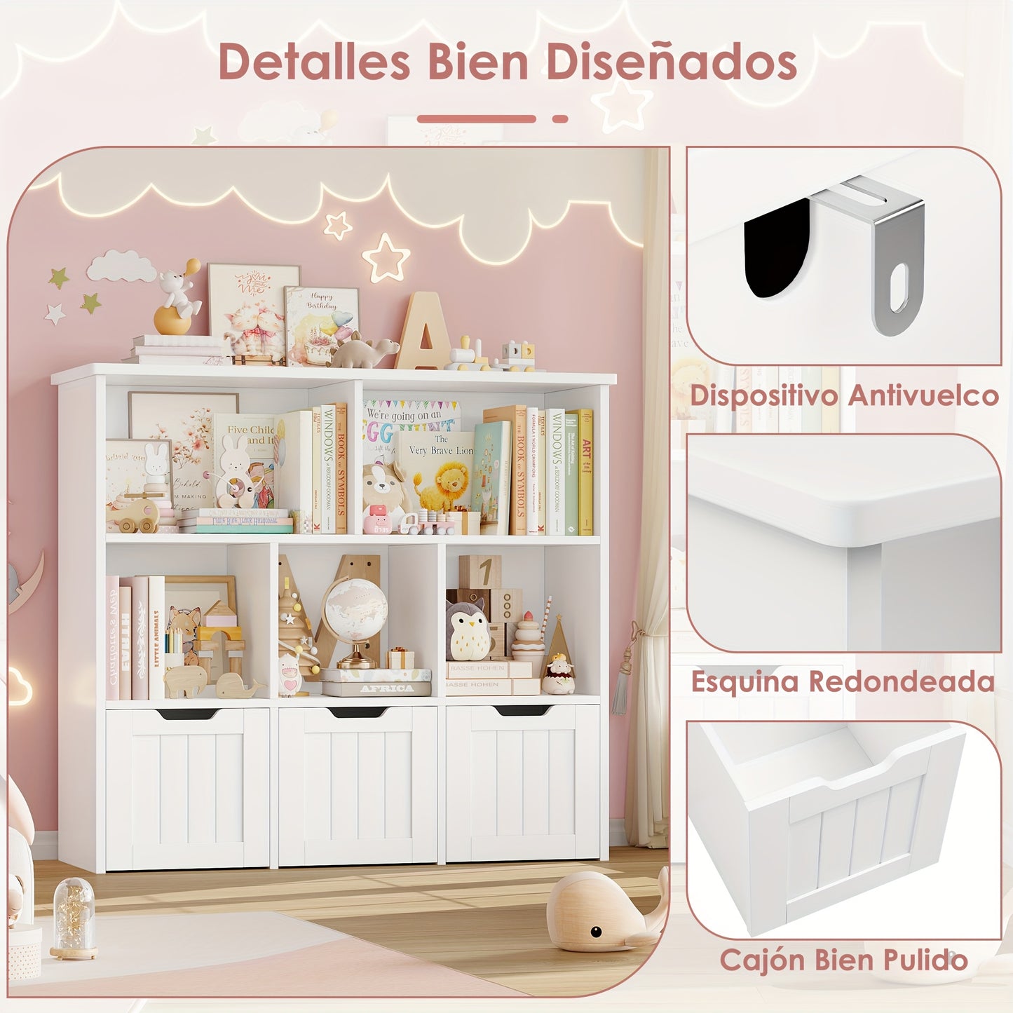 Opbergkast – Boekenkast – Opbergmeubel – Ladenkast – Kast Met Laden – Wit MDF – 3 Laden Op Wieltjes – 5 Open Vakken – 100x33x89,5 cm