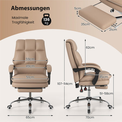 Bureaustoel – Kantoorstoel – Werkstoel – Computestoel – Gamestoel – Ergonomisch Met Uittrekbare Voetensteun – Verstelbare Rugleuning Tot 155° – Kunstleer In Koffiekleur