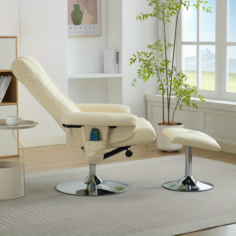 Modern Recliner Chair with 5-Point Massage, 360° Swivel & Footstool - Ergonomic Design, Beige PU Fabric, Adjustable Height, No Power Needed, Easy Assembly for Living Room, Office, or Home Theater, Office Relaxation, Contempo