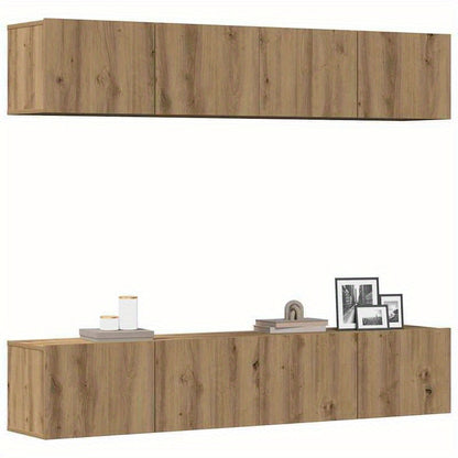 Tv-meubel – TV-kast – Entertainmentmeubel – Media-meubel – Wandmeubel – Handgemaakt Eikenhout – 4-delige Wandgemonteerde Set
