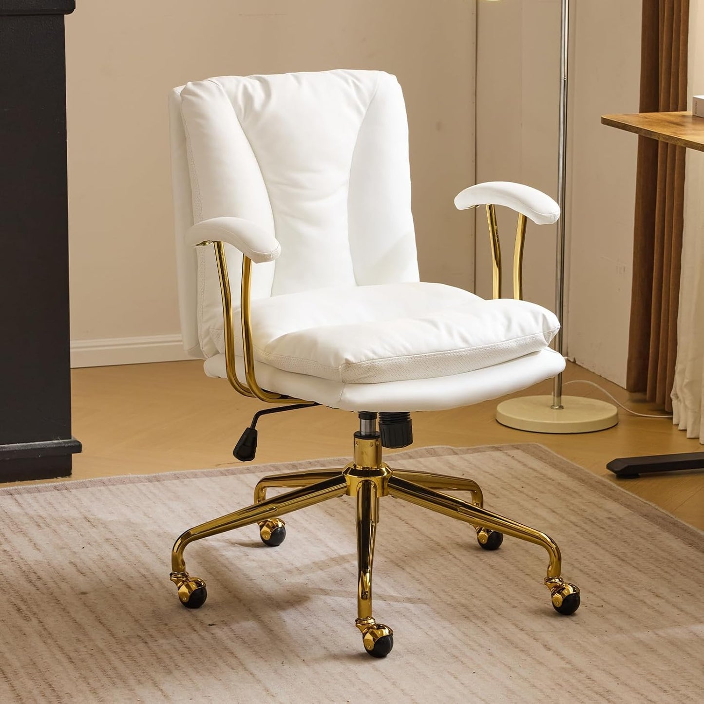 Bonnlo Ergonomic Office Chair with Adjustable Height - Heavy-Duty Leather-like Swivel Desk Chair, Golden Metal Base & Padded Backrest, White/Black Armrests, Manual Recline - Heavy-Duty Metal Frame for Home & Corporate Workspa