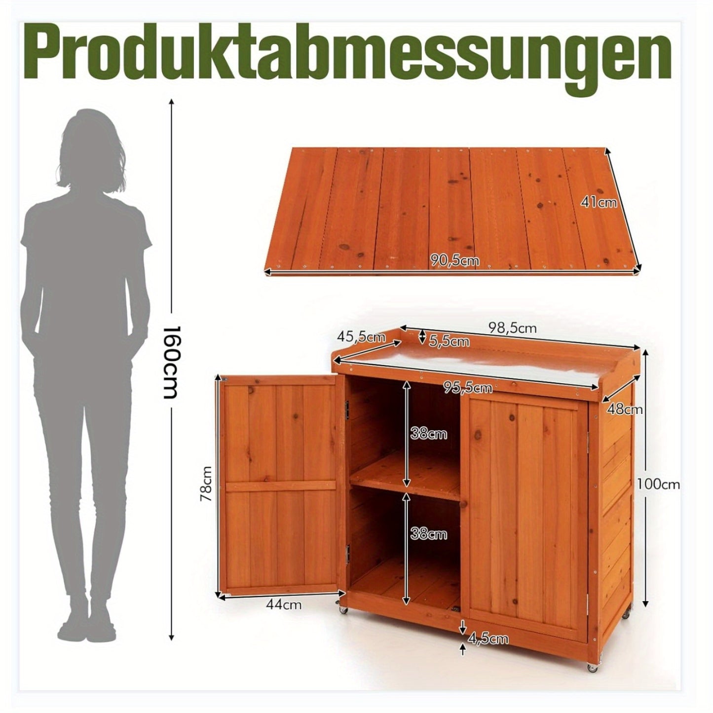 Tuinkast – Tuinberging – Opbergkast – Tuinkist – Buitenberging – Houten Kast Met Verstelbare Plank – Met 4 Zwenkwielen En Gegalvaniseerd Stalen Werkblad