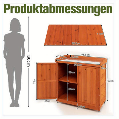 Tuinkast – Tuinberging – Opbergkast – Tuinkist – Buitenberging – Houten Kast Met Verstelbare Plank – Met 4 Zwenkwielen En Gegalvaniseerd Stalen Werkblad
