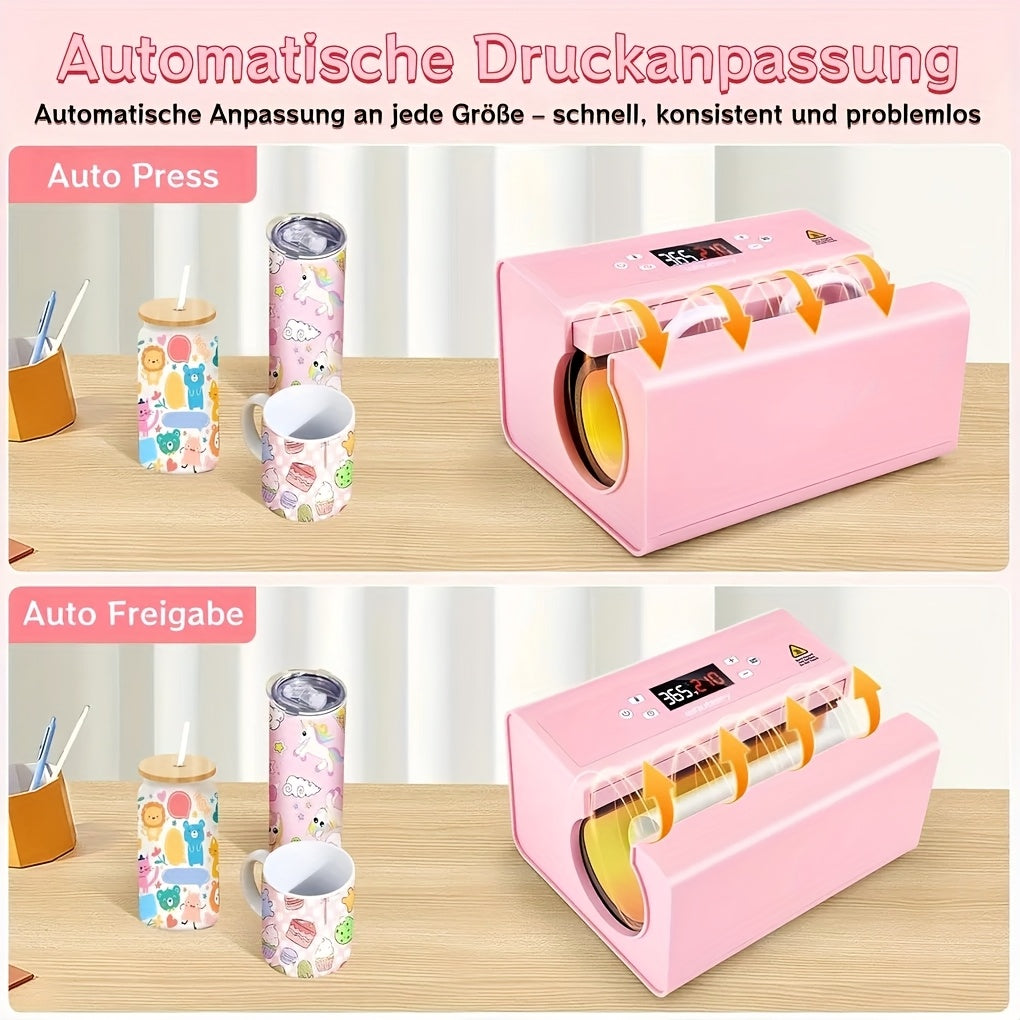 Automatische Beker Heat Press – Sublimatie Machine – Mok Drukpers – Tumbler Pers – Hitte Transfer Machine – 550W Snel Opwarmend – Voor 7,5-8,5 cm Bekers – Inclusief Sublimatievellen & Tape – Draagbaar & Gebruiksvriendelijk – Roze