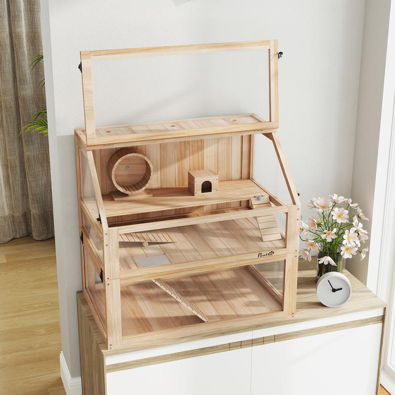3-Tier Wooden Hamster Cage Hinged Lid Running Wheel, Gerbil Cage, Hamster Cage Large, Hamster Enclosure, Hamster Supplies, Small Animal Cage, Cages For Small Animals, Hamster Habitat, Hamster Wheel, Hamster Hide, Hamster Tank