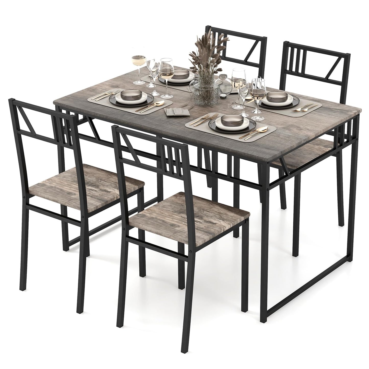 Eettafel Set – Tafel Met Stoelen – Dinerset – Keukentafel – Industriële Eettafel – Grijs – Space-Saving Design – Duurzaam MDF & Metaal