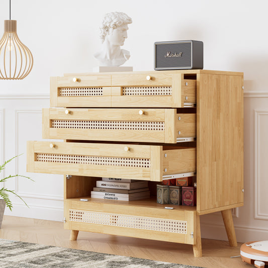 Ladekast – Ladenkast – Opbergkast – Kommode – Dressoir – 3 Lades Met Rotan Front – Klapbare Bovenkant Met Houten Poten – Chippenplaat