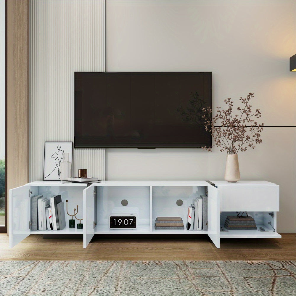 tv-meubel – tv-kast – tv-dressoir – media meubel – entertainment unit – modern wit design – duurzaam materiaal zonder hout – met zwarte poten – veel opbergruimte – minimalistisch – eenvoudig te monteren