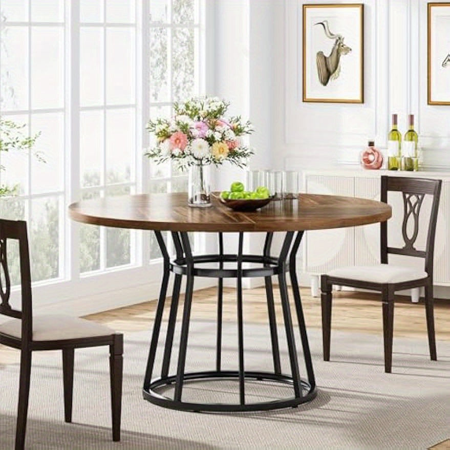 Ronde Eettafel – Keukentafel – Tafeltje – Tafel Voor 4 Personen – Bruin Metaal Frame – Diameter 120 cm – Verstelbare Pootjes – Duurzaam MDF