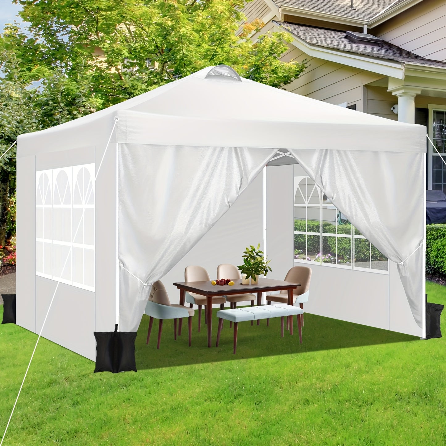 3.05x3.05meter Pop-up Tent, Party Canopy, Folding Gazebo, with 4 Detachable Side Walls, Portable Bag, Sandbag And Ground Stake, Height Adjustable, Easy to Install, Suitable for Weddings, Camping, Gardens, Market Stalls, Outdo