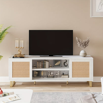 TV-meubel – Tv Kast – Mediameubel – Tv Meubel – Tv Dressoir – Wit Rattan Accent – Geschikt Voor 65 Inch TV – Verstelbare Planken – Duurzame MDF Constructie
