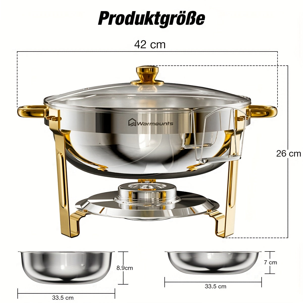 Chafing Dish – Buffetwarmer – Warmhoudschalen – Warmhoudbakken – Voedselverwarmer – 2-delig Ronde Set – 5 L Inhoud – Glasdeksel Met Houder – Roestvrij Staal 201