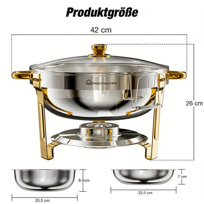 Chafing Dish – Buffetwarmer – Warmhoudschalen – Warmhoudbakken – Voedselverwarmer – 2-delig Ronde Set – 5 L Inhoud – Glasdeksel Met Houder – Roestvrij Staal 201