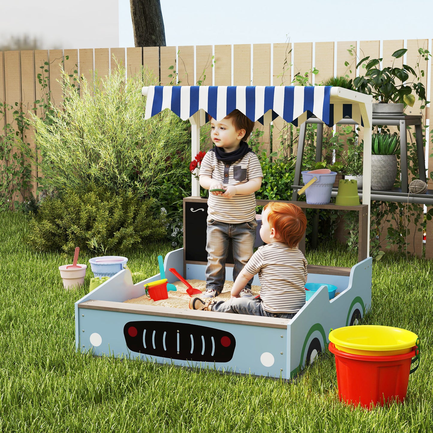 Zandbak – Zandbak Met Zonnedak – Speelbak – Zandtafel – Kinderspeeltuin – Blauw – Duurzaam Vurenhout – Inclusief Bankje En Tekenbord