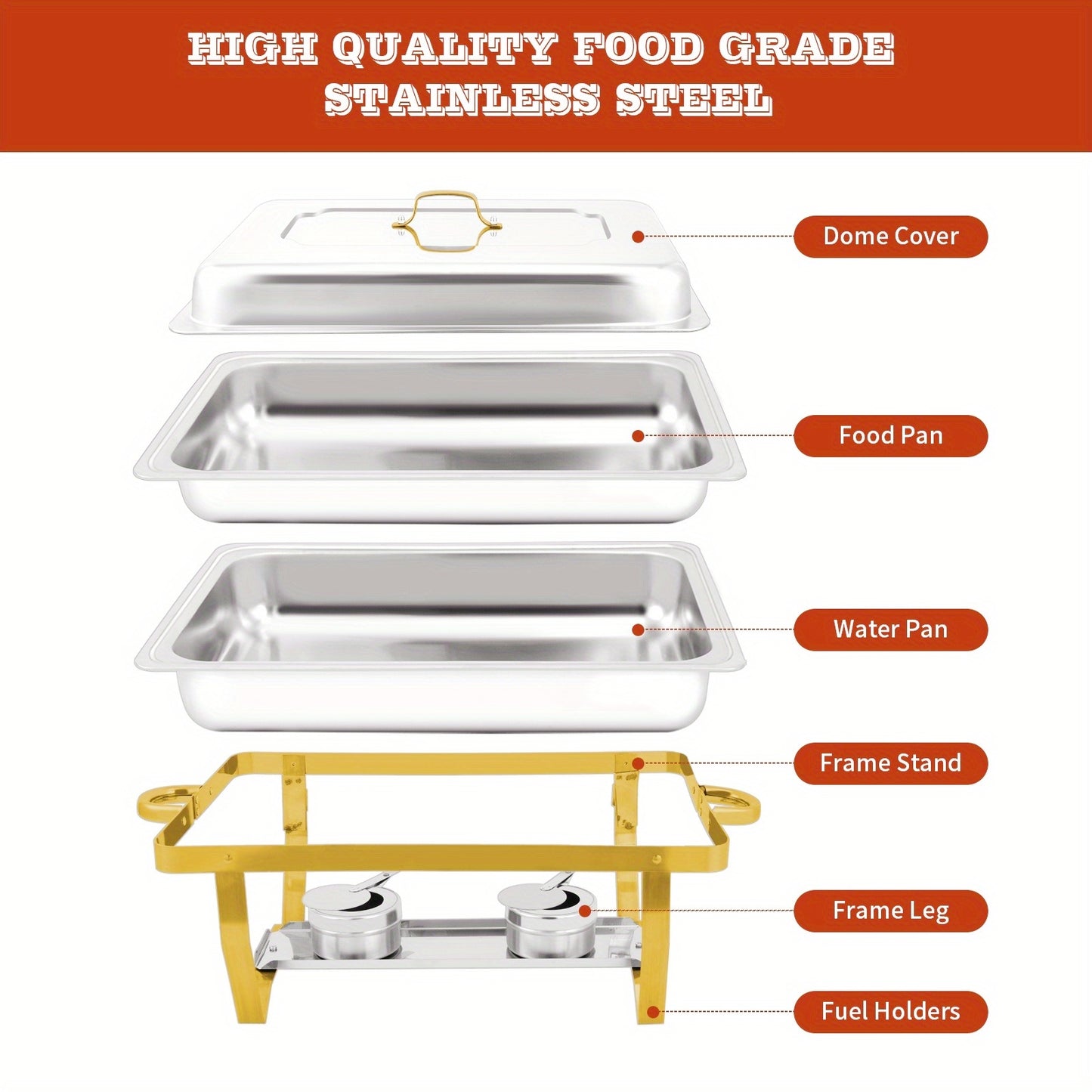 Chafing Dish Set – Buffet Warmhouder – Food Warmer – Voedselverwarmer – Warmhoudschaal – Roestvrij Staal 410 – Gouden & Zilveren Kleuren – Set Van 4 Stuks