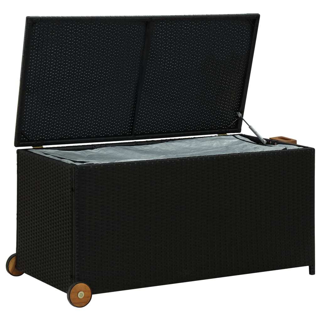 Opbergbak Buiten – Tuinbox – Opslagbak Met Wieltjes – Opbergkist – Tuinkist – Groot 120x65x61 cm – Zwart Rattan Design – Stevig Met Wieltjes