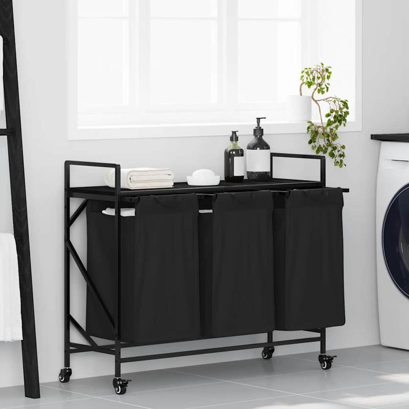 3-Vaks Wasmand – Wasmand Met Wieltjes – Wasbak – Beddengoedmand – Wascontainer – Matzwart – Stevig Metalen Frame – Mobiel En Compact
