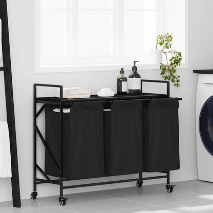 3-Vaks Wasmand – Wasmand Met Wieltjes – Wasbak – Beddengoedmand – Wascontainer – Matzwart – Stevig Metalen Frame – Mobiel En Compact