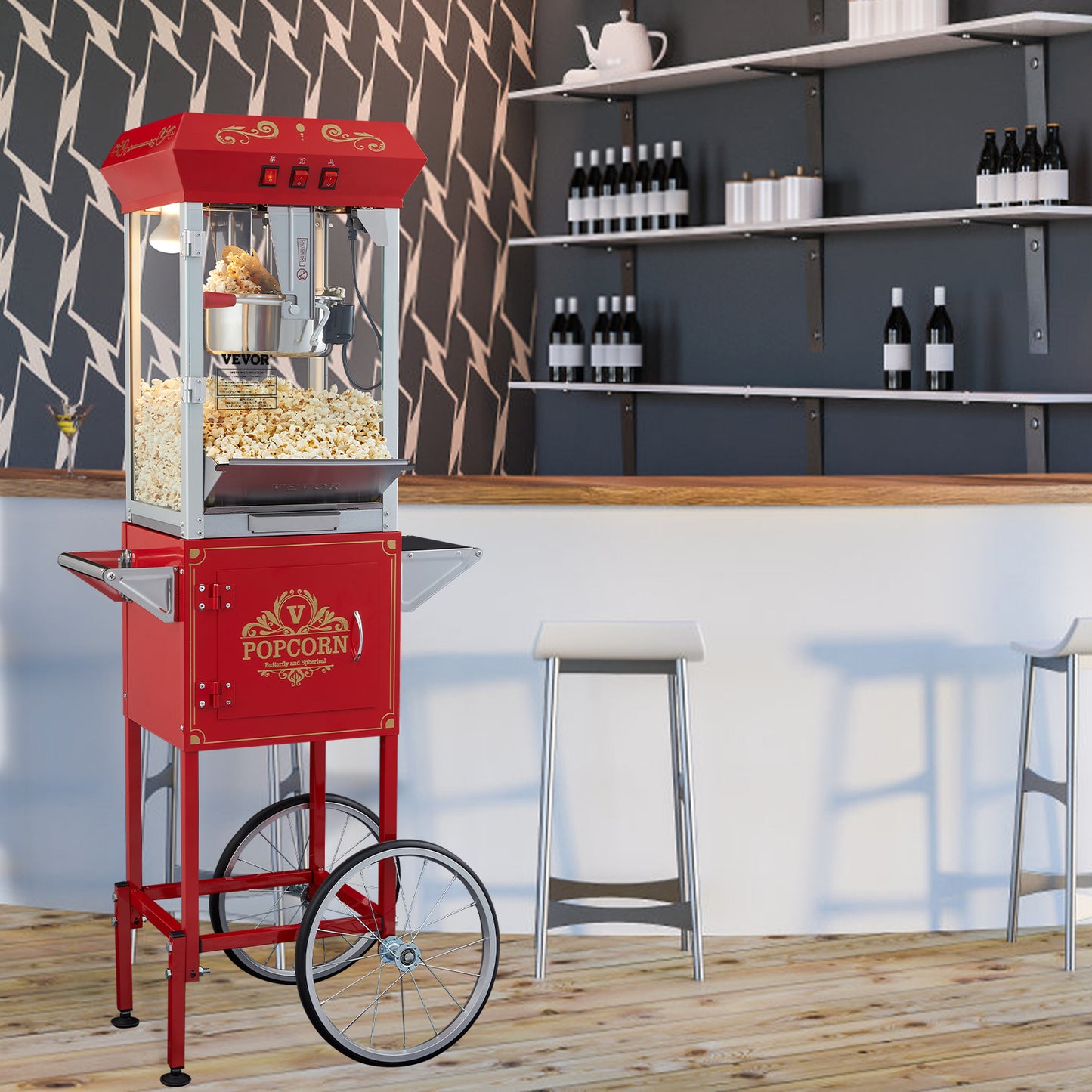 Popcornmachine – Popcornmaker – Popcornmachine met Kar – Popcorn Popper – Professionele Popcornmachine Rood – 850W Vermogen – Ketelcapaciteit 230g