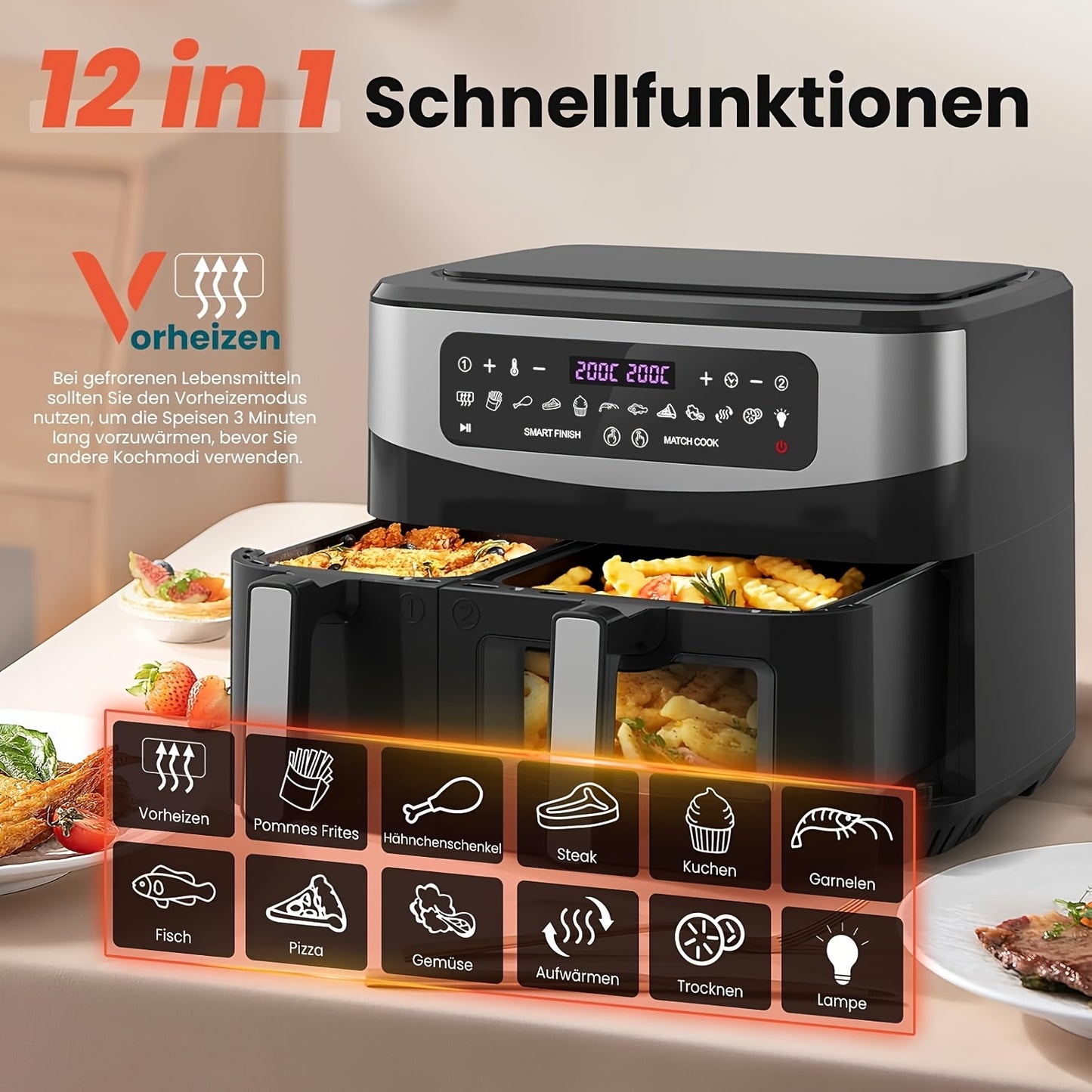 Airfryer – Heteluchtfriteuse – Friteuse – Air fryer – Digitale Friteuse – 10 Liter Dual Zone – 2600W Met Touchscreen & Kijkvenster