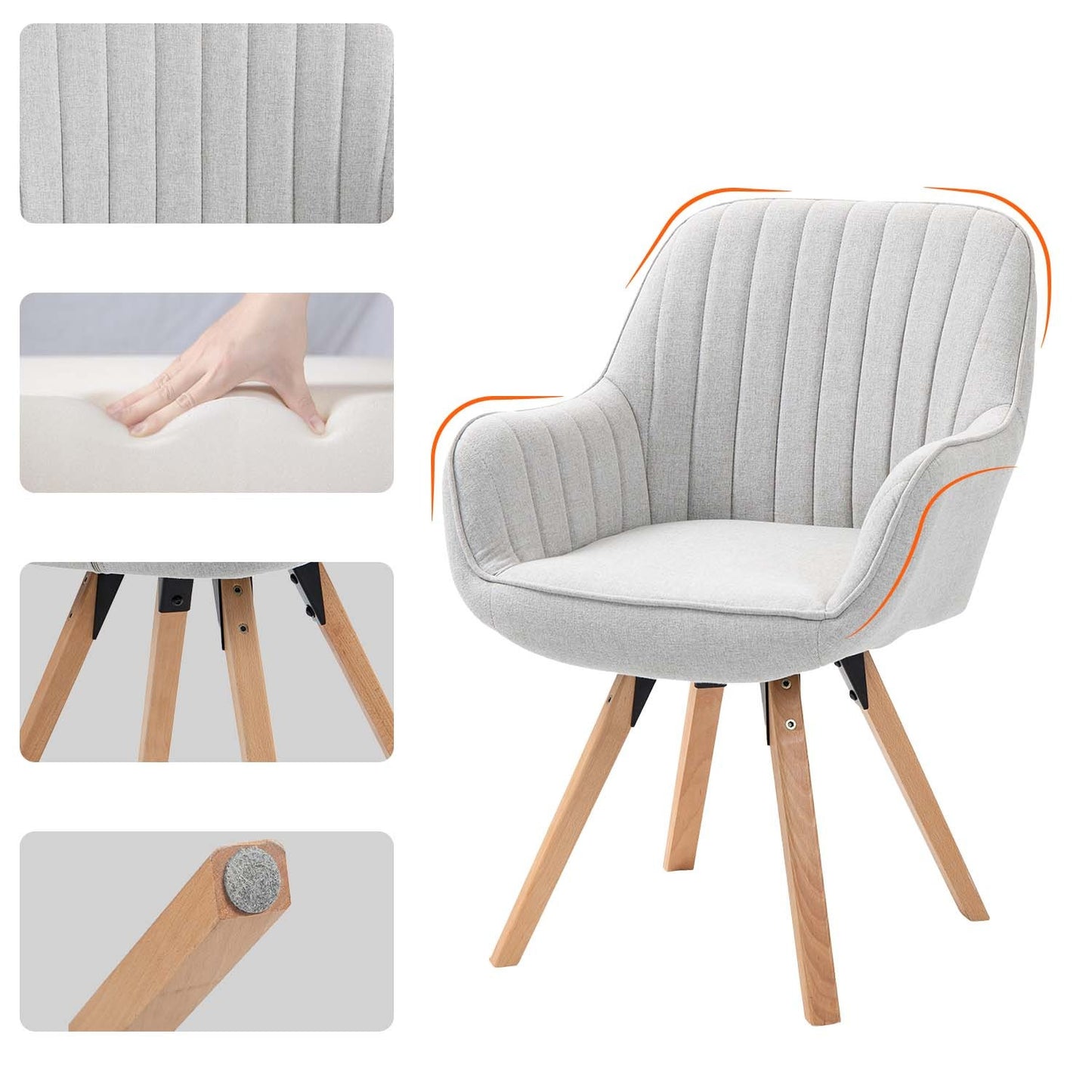 Eetkamerstoelen – Draaibaar Stoelen – Keukenstoelen – Bureaustoelen – Zithoek Stoelen – Set van 6 Beige – 360° Draaibare Zitting – Houten Poten