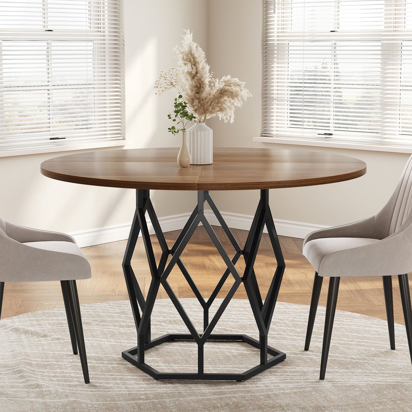 119.38 cm Round Dining Table in Brown | Large Wood Circular Desktop, Modern Kitchen Table for 4-6 People, Perfect for Dining Room, Living Room, or Coffee Area, Classic Style with Pedestal Base, Includes 1 Leaf, Hardwood Mater