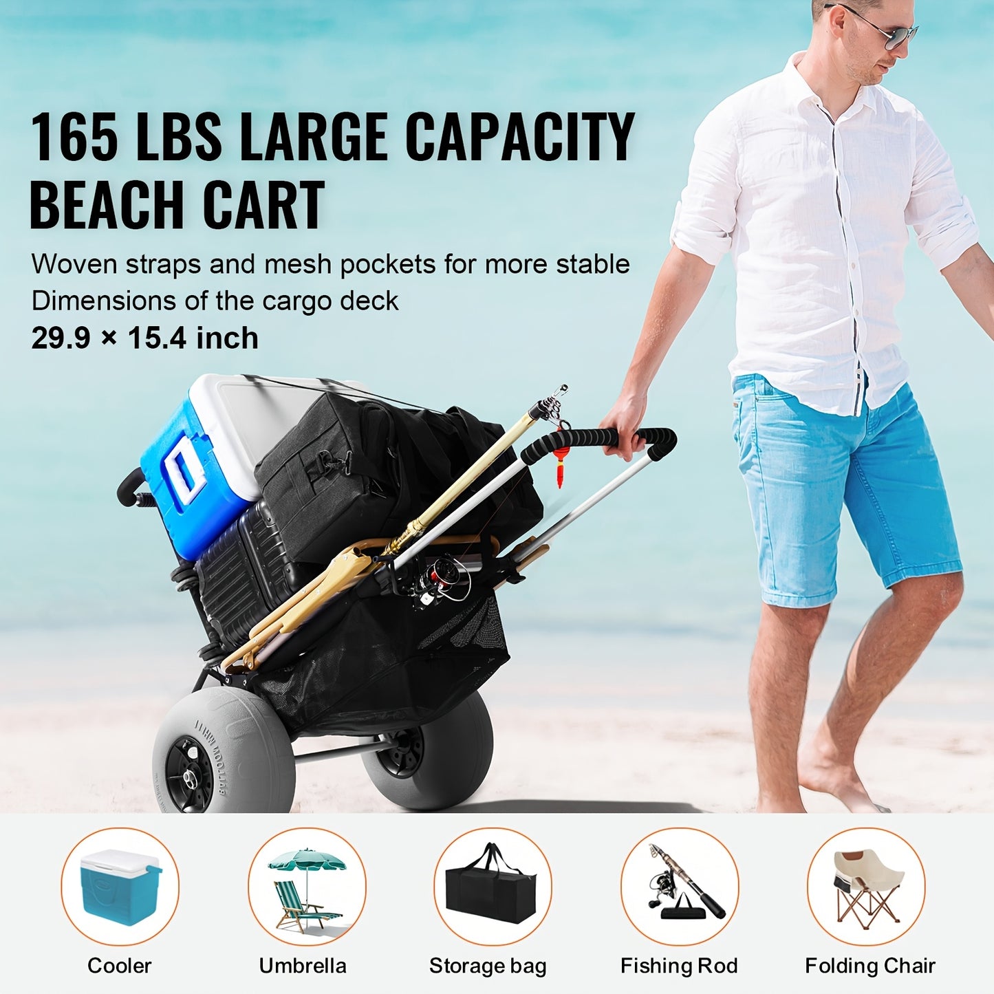 All-Terrain Strandwagen – Vouwkar – Bolderwagen – Trolley – Winkeltrolley – 12 Inch Luchtbanden – Hoge Draagkracht – Vouwbaar Frame – Grote Mand